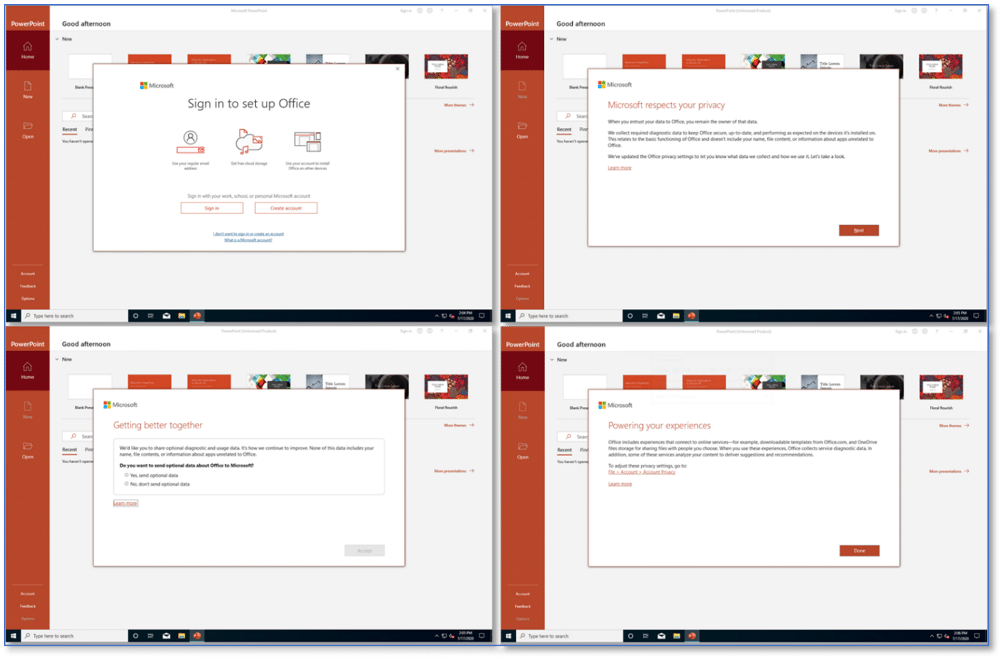 Login VSI Blog - Dismiss M365 App Popups with the Login Enterprise Virtual User - Image 1 - These are all the popups you’ll see on a new installation of Office, using PowerPoint as an example