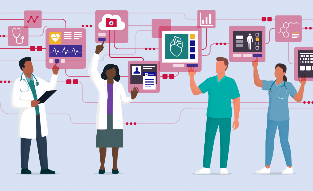 Healthcare professionals interacting with various electronic health records from a VDI environment.
